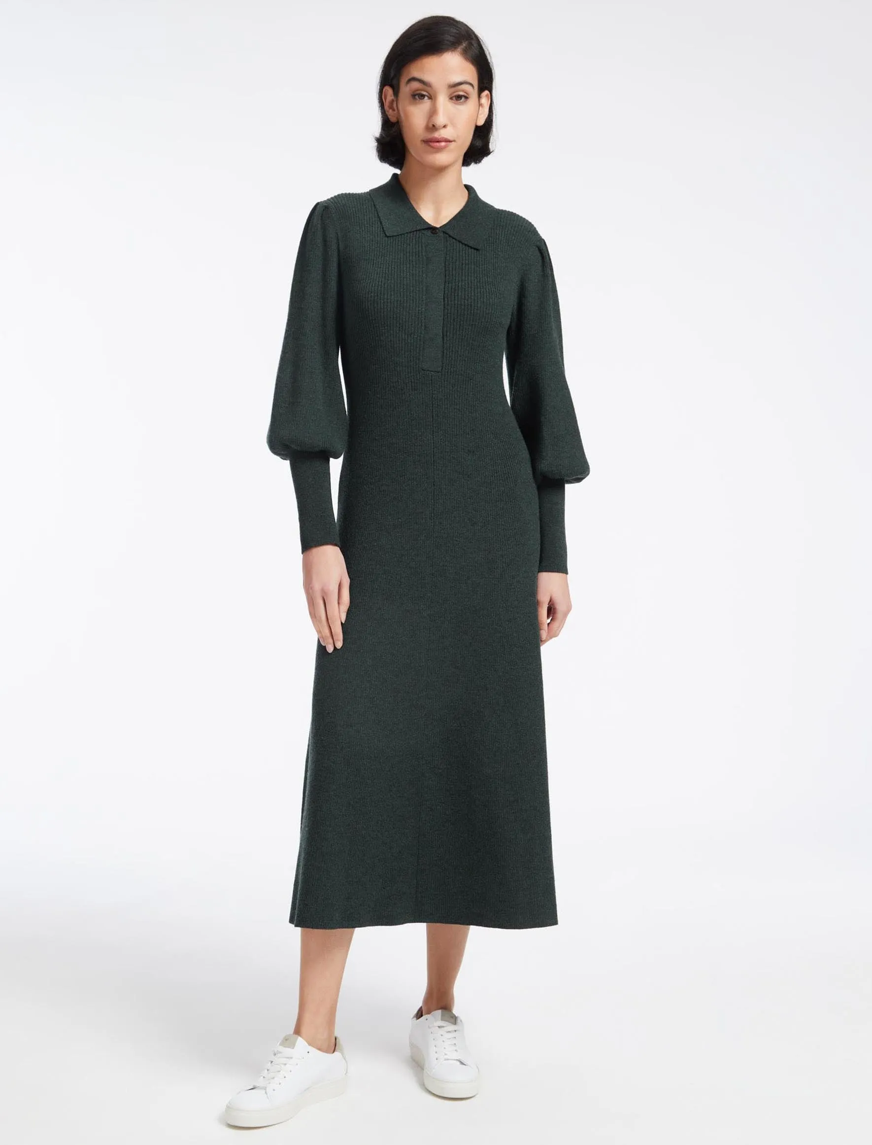 Eva Merino Wool Collared Knit Maxi Dress - Dark Green