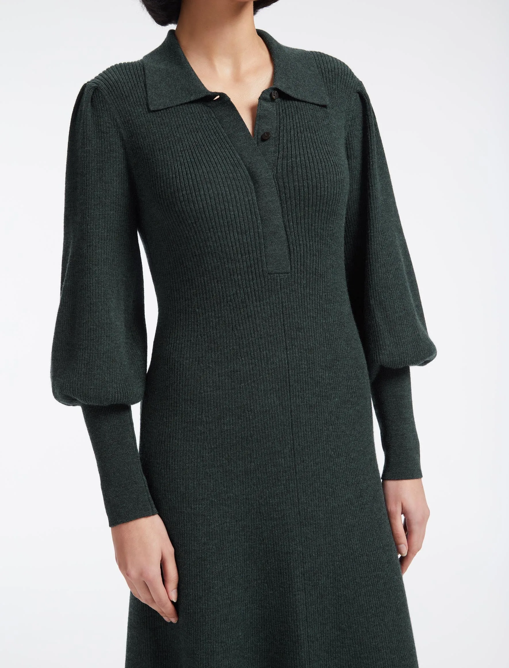 Eva Merino Wool Collared Knit Maxi Dress - Dark Green