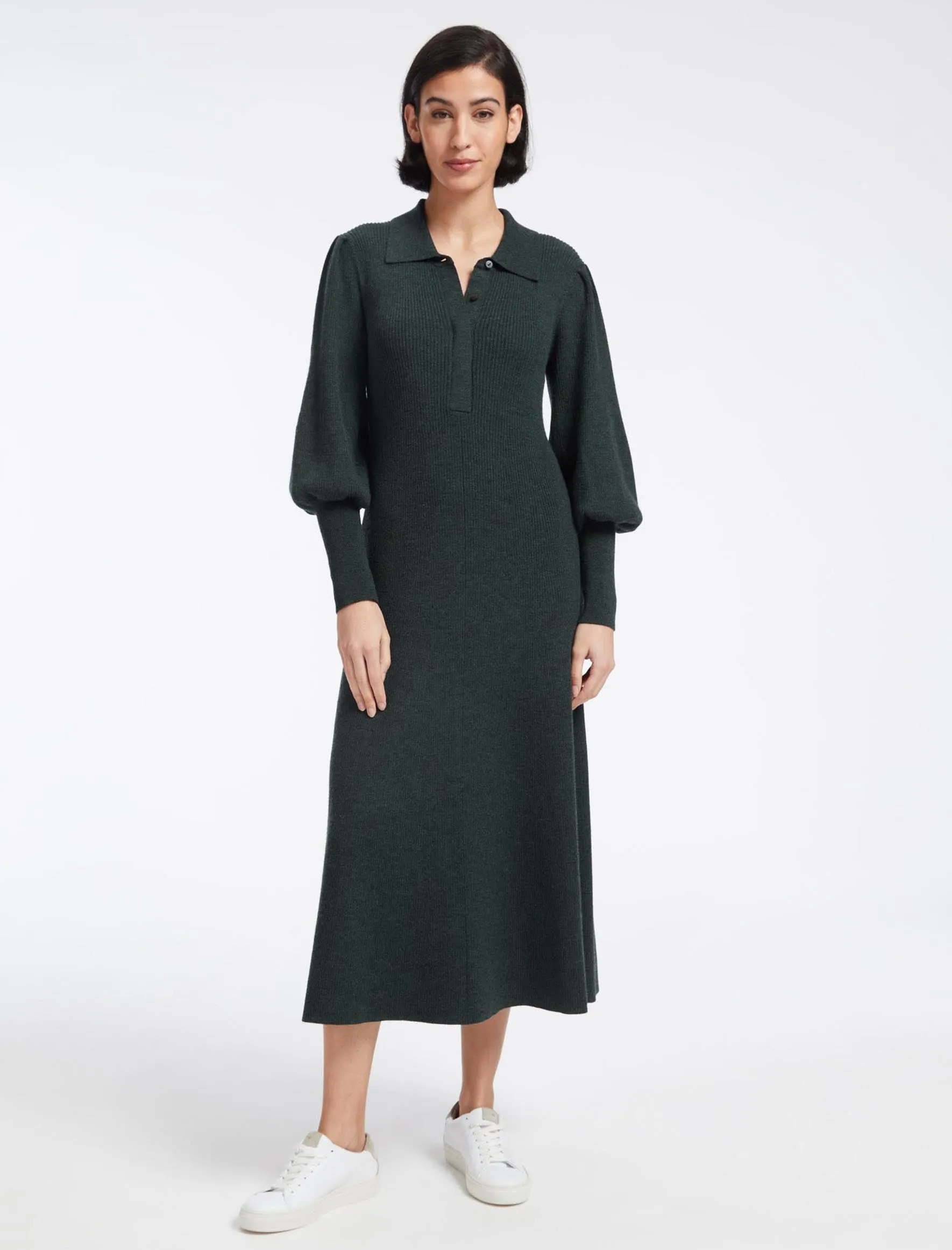 Eva Merino Wool Collared Knit Maxi Dress - Dark Green