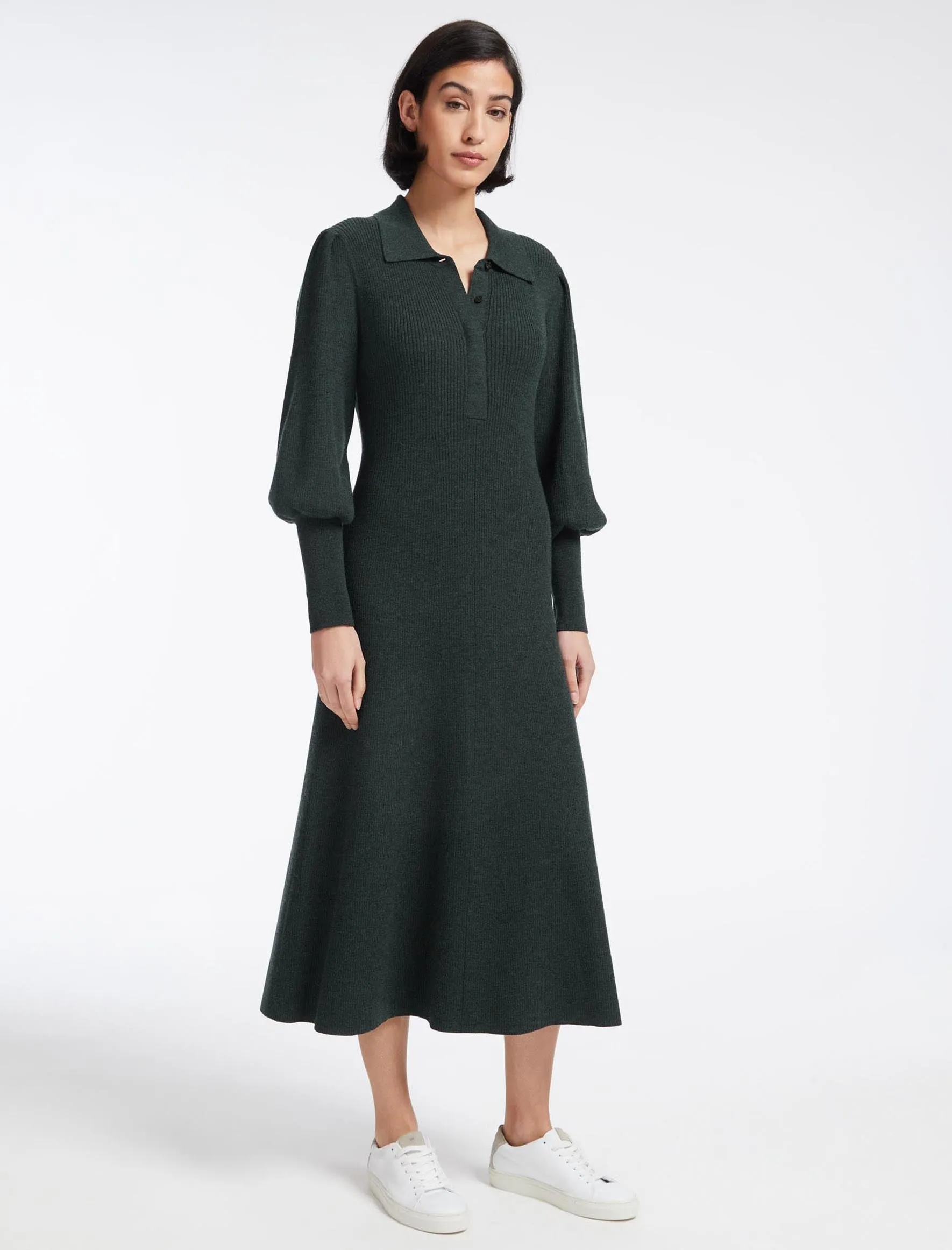 Eva Merino Wool Collared Knit Maxi Dress - Dark Green