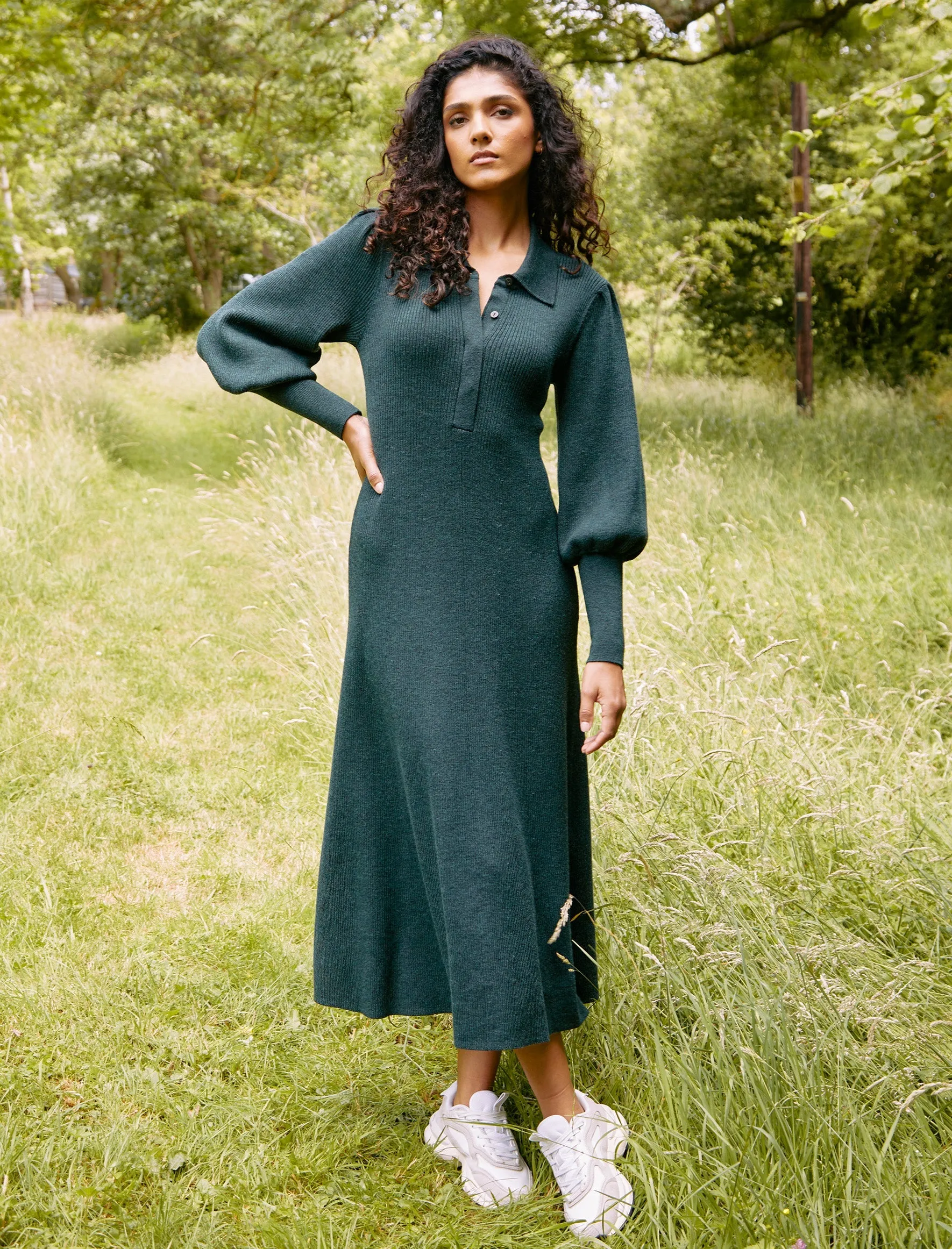 Eva Merino Wool Collared Knit Maxi Dress - Dark Green