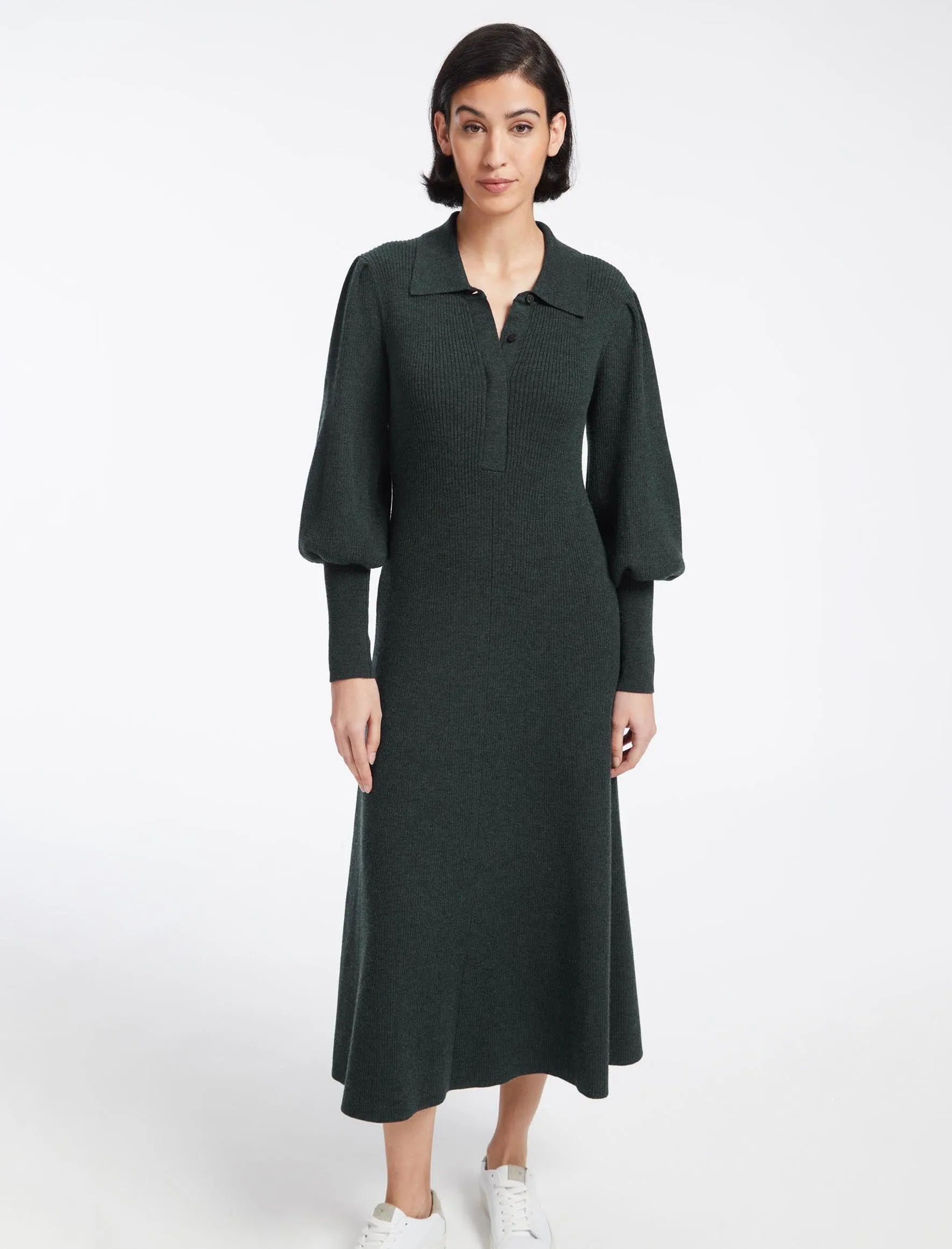 Eva Merino Wool Collared Knit Maxi Dress - Dark Green