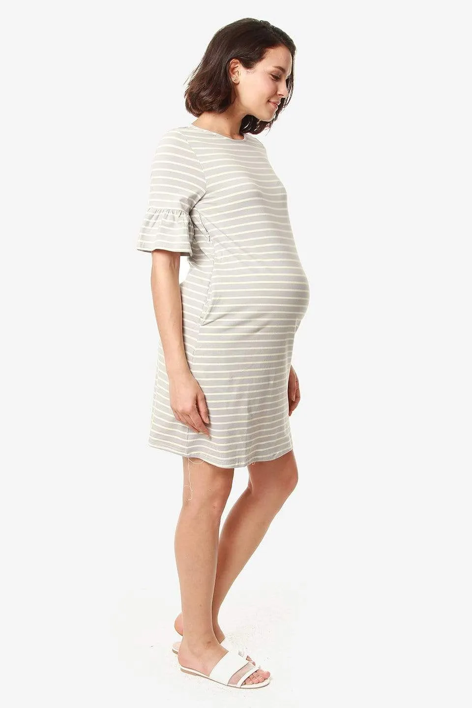 Flounce Sleeves Camile Grey Stripe Nursing Dress