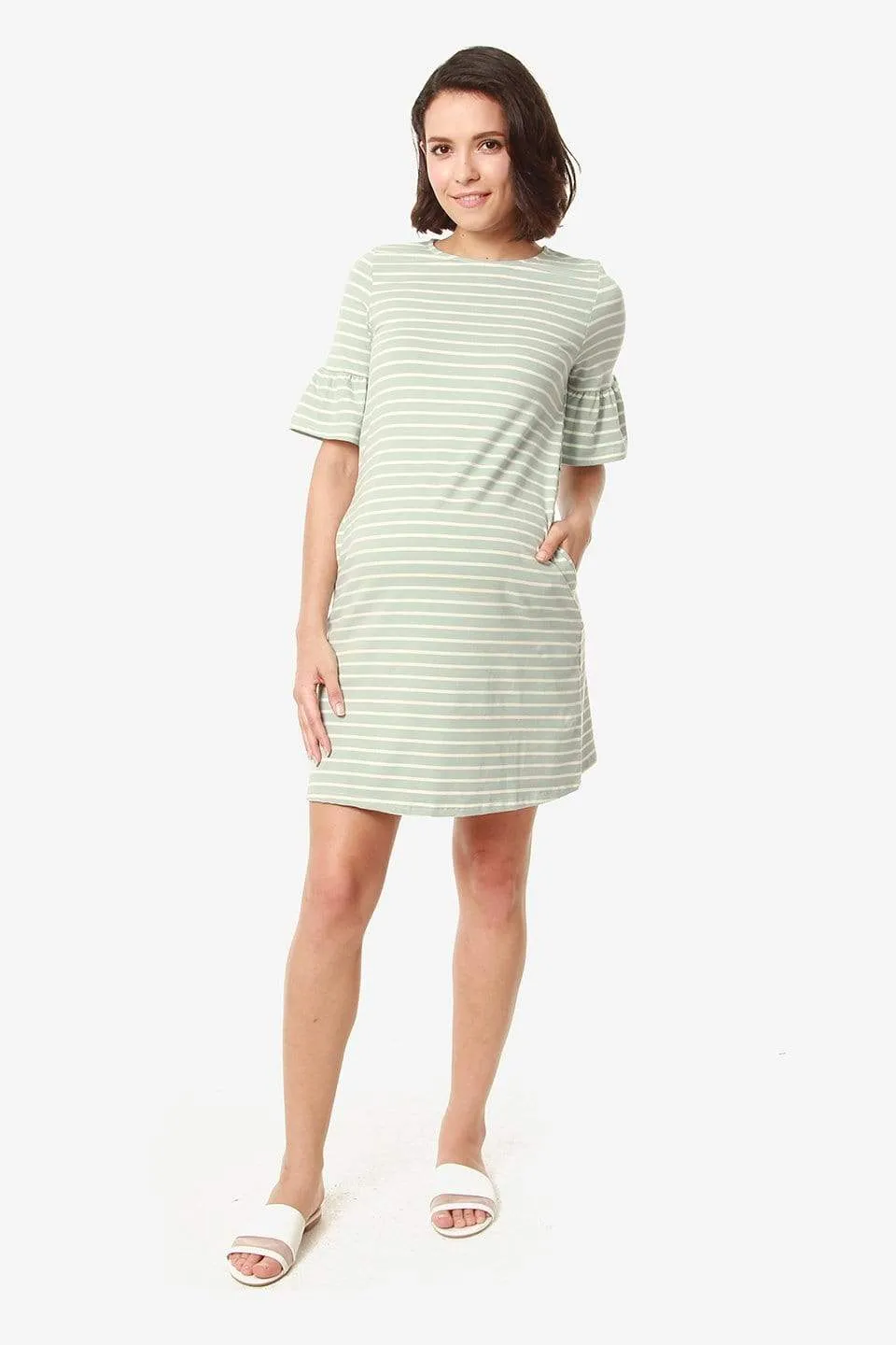 Flounce Sleeves Camile Mint Stripe Nursing Dress