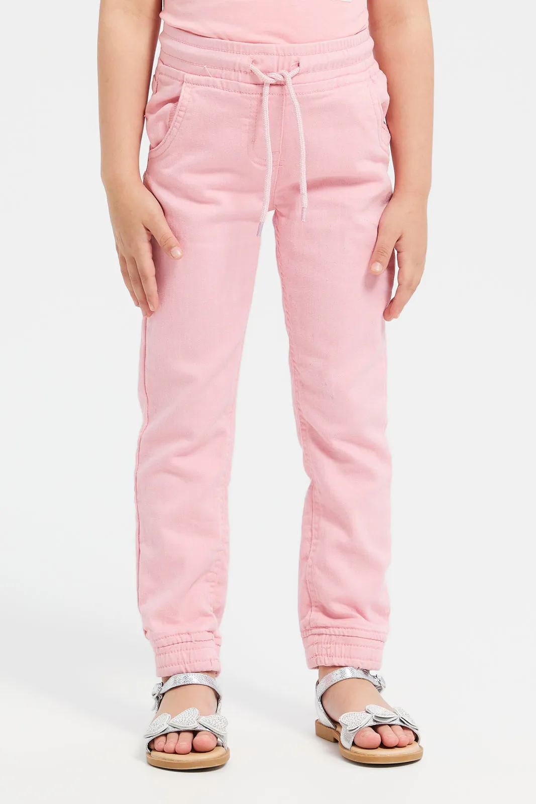 Girls Pink Plain Stretchable Joggers