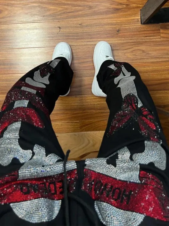 Gothic Skull Rhinestone Print Sweatpants