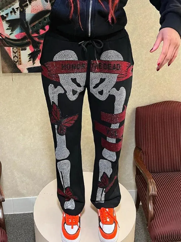 Gothic Skull Rhinestone Print Sweatpants