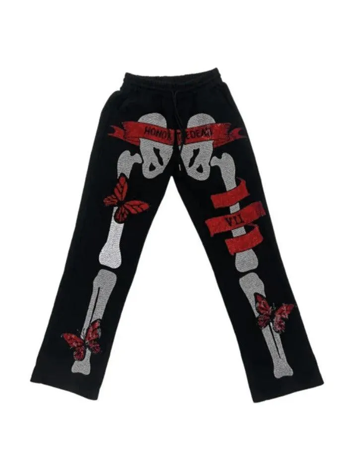 Gothic Skull Rhinestone Print Sweatpants