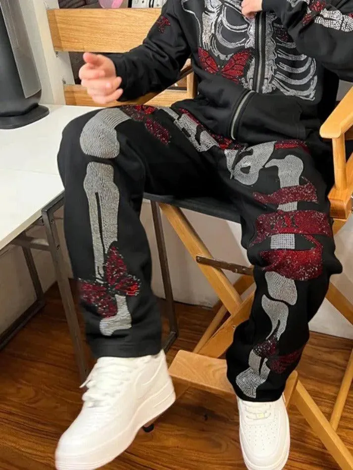 Gothic Skull Rhinestone Print Sweatpants