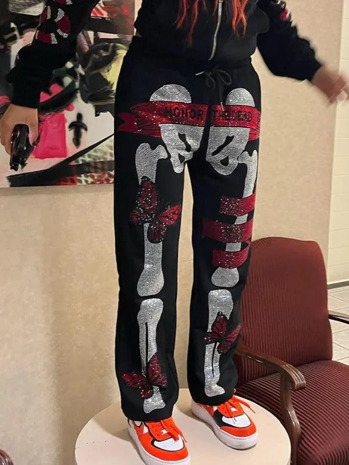 Gothic Skull Rhinestone Print Sweatpants