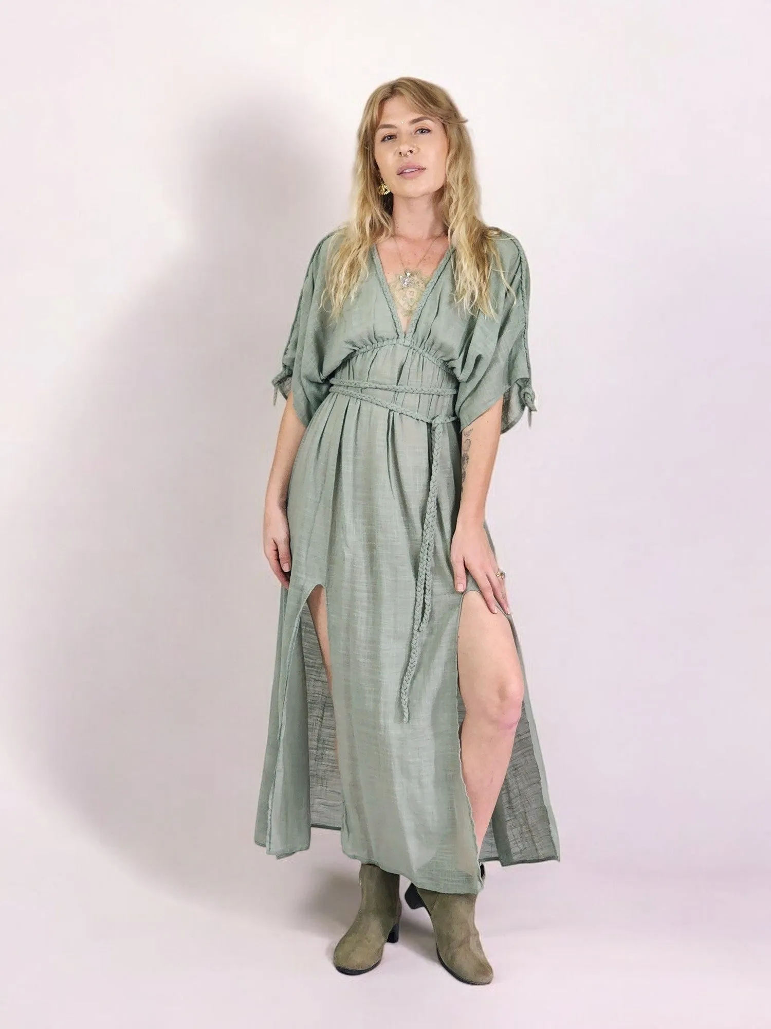 Green Sage Organic Cotton Rope Goddess Maxi Dress