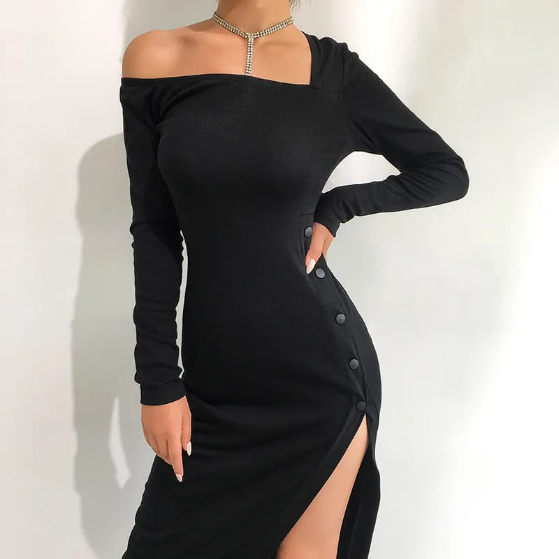 Irregular sexy slanted shoulder split hip high waist bodycon dress