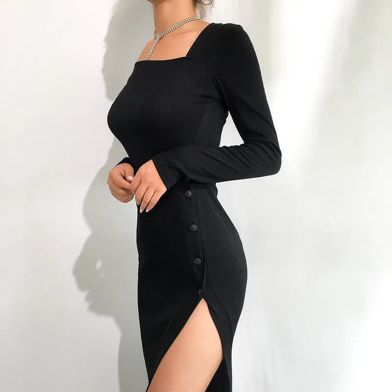 Irregular sexy slanted shoulder split hip high waist bodycon dress