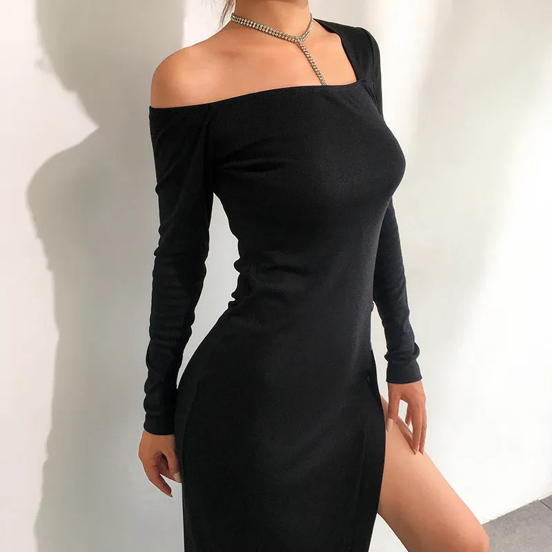 Irregular sexy slanted shoulder split hip high waist bodycon dress