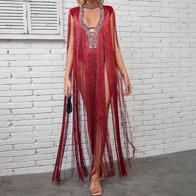 Jiordana V Neck Fringe body suit