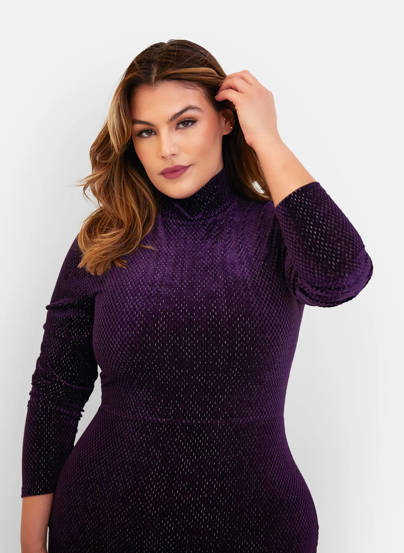 Kerry Velvet High Neck Midi Bodycon Dress - Royal Purple