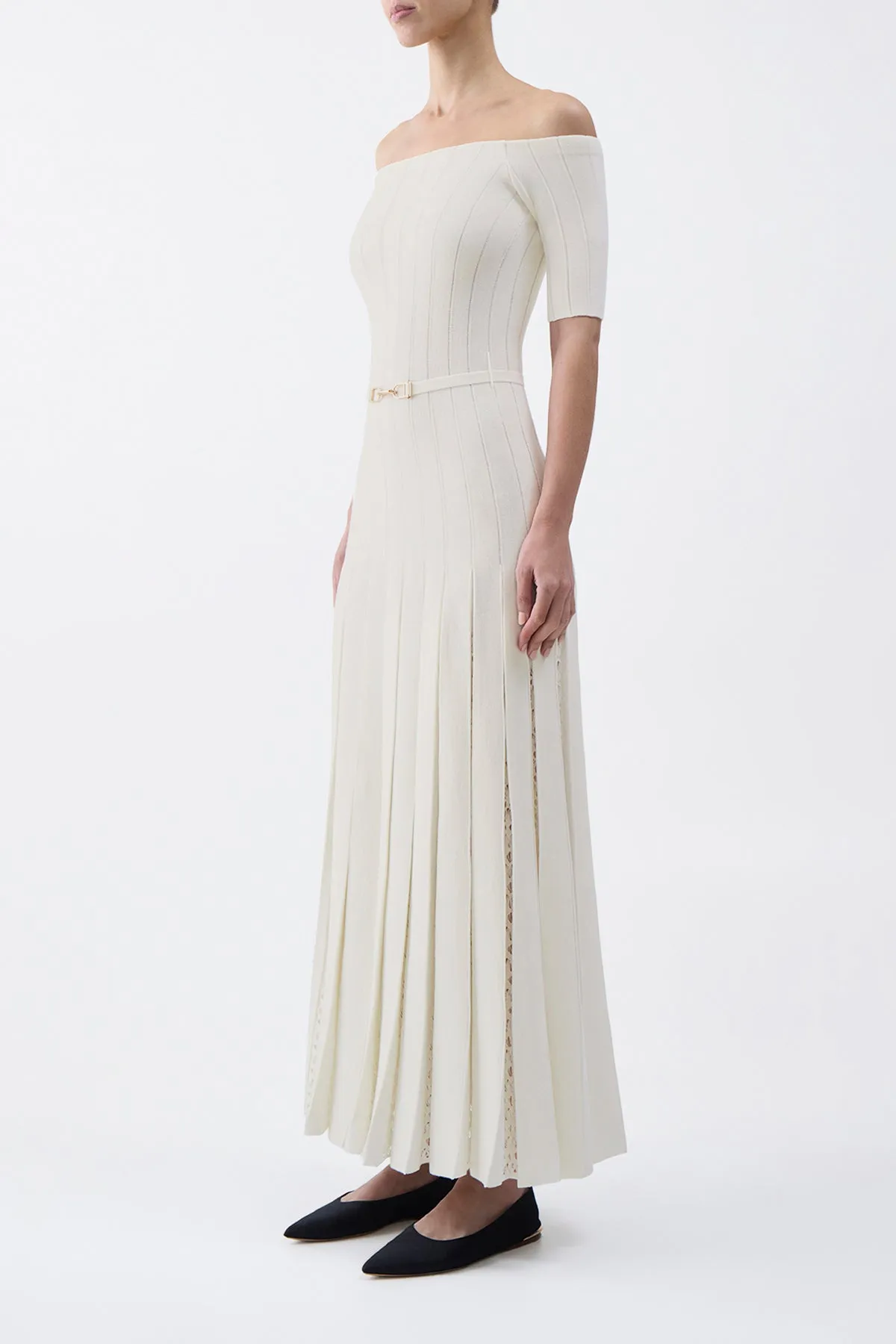 Kurt Knit Pleated Maxi Dress in Ivory Merino Wool