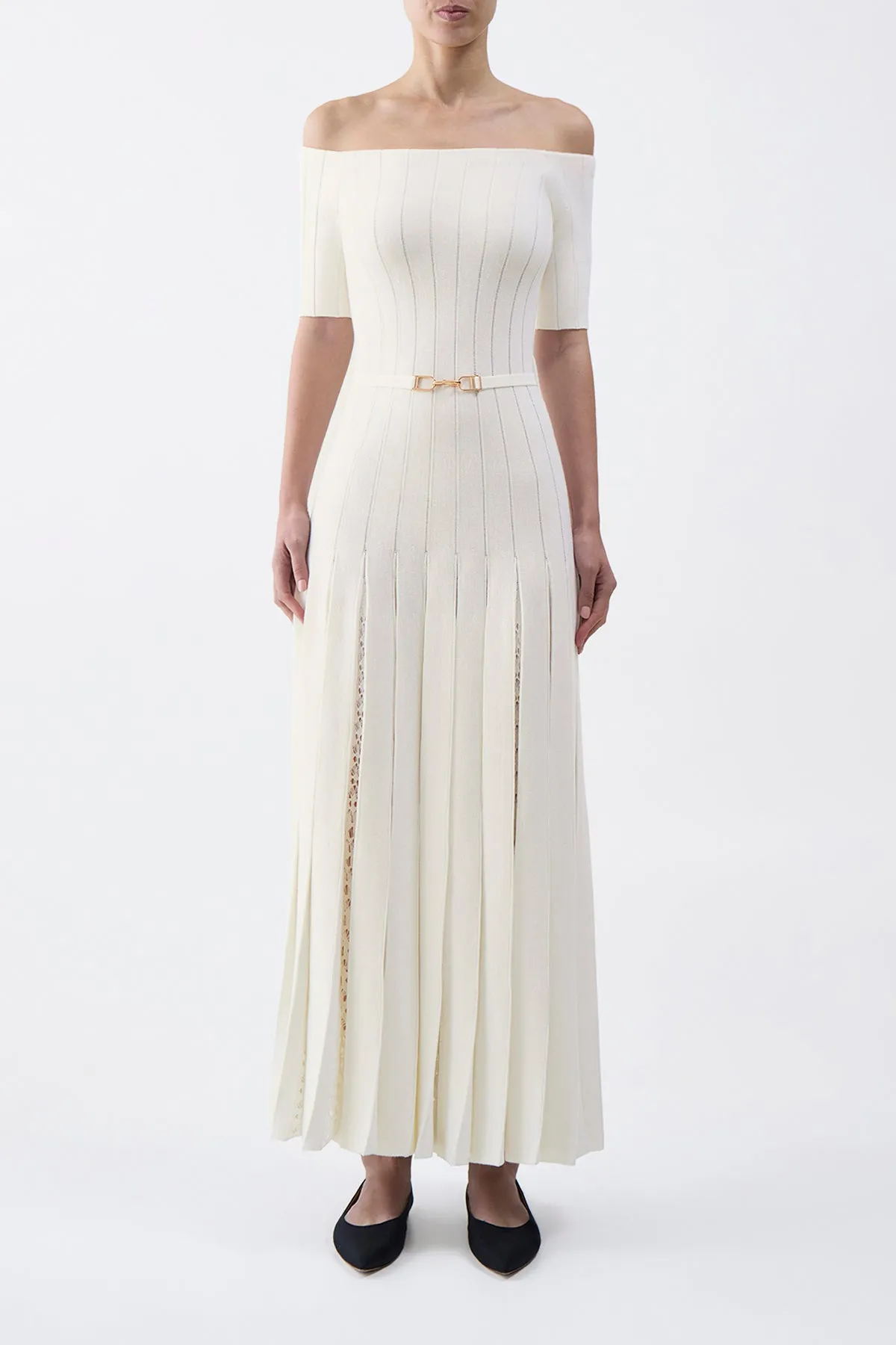 Kurt Knit Pleated Maxi Dress in Ivory Merino Wool