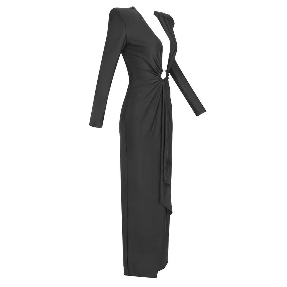 Lakiesha Long Sleeve Deep V Neck Maxi Dress