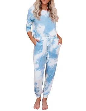 LookbookStore Women's Cozy Tie Dye Printed Knit Loungewear Two Piece Sweatsuits Long Joggers Pajamas Set