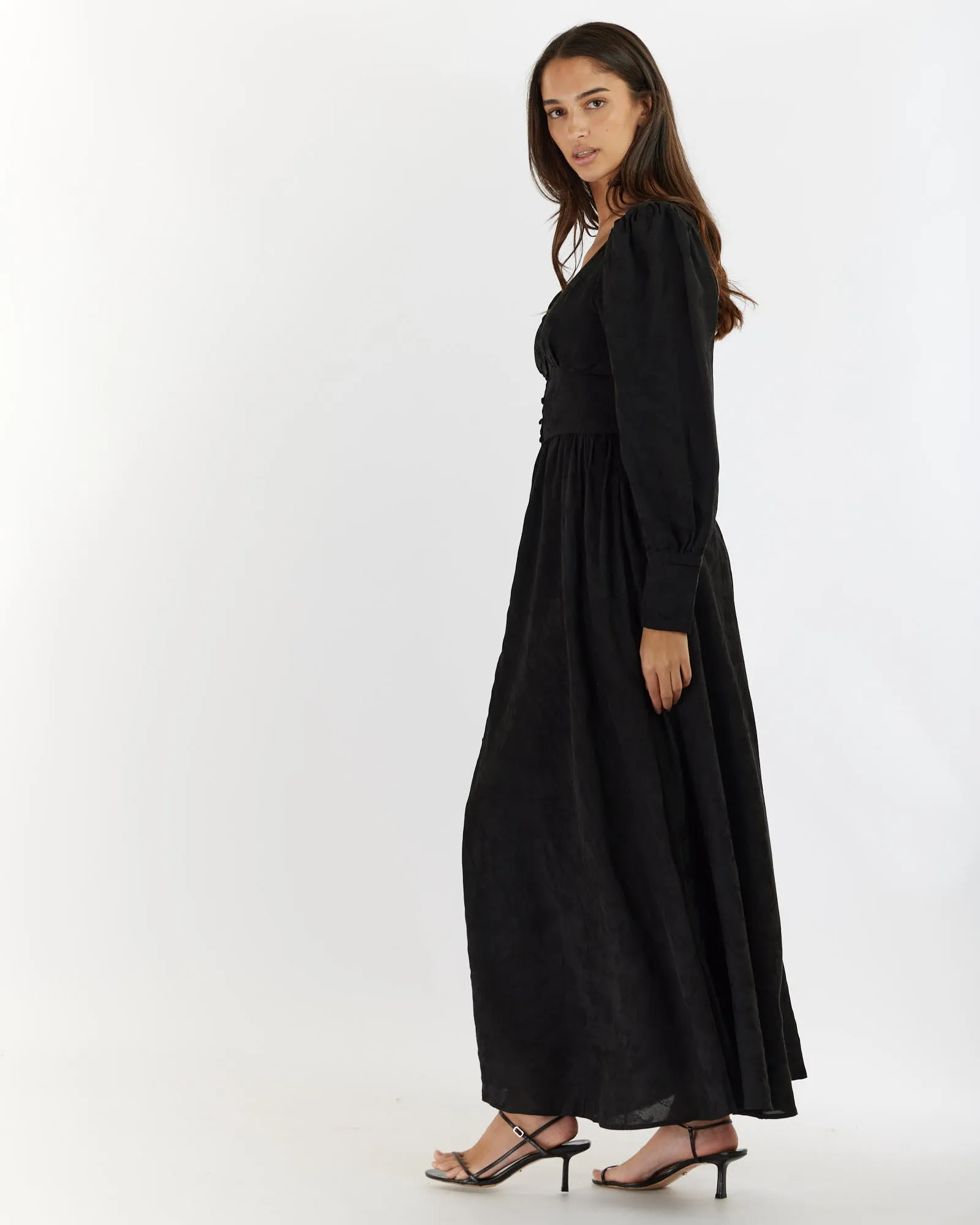 Loren Linen Jacquard Maxi Dress - Nero