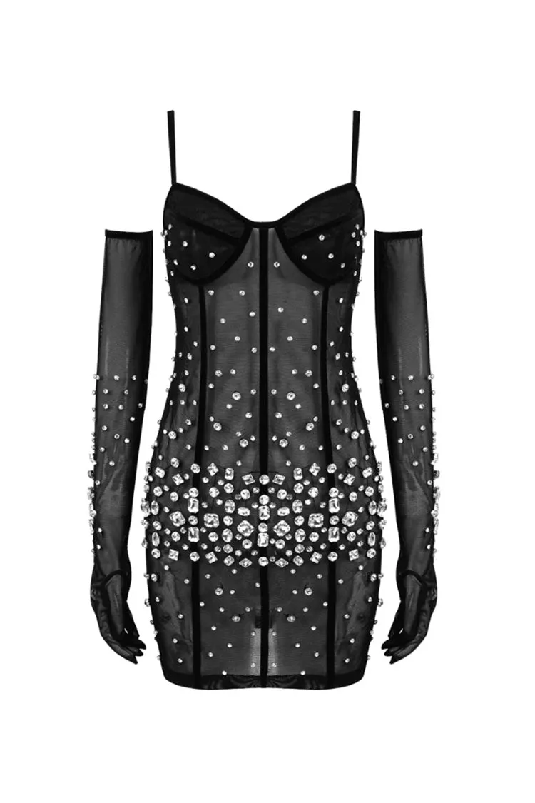 Luxury Rhinestone Glove Cami Bustier Sheer Mesh Party Micro Mini Dress