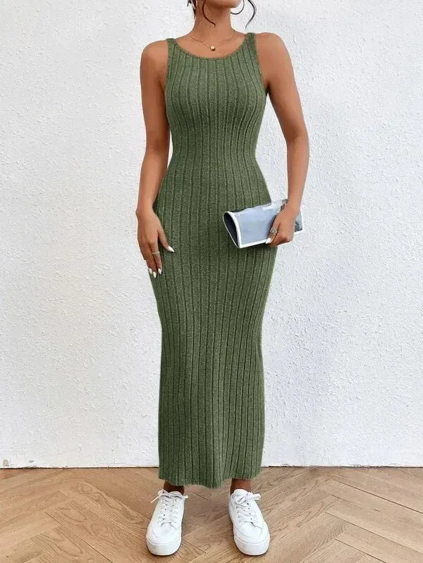 LVSANW 2024 Summer Backless Knit Bodycon Long Dress Women's Elegant Sleeveless O Neck Tank Dress Street Vacation Beach Casual Sundress