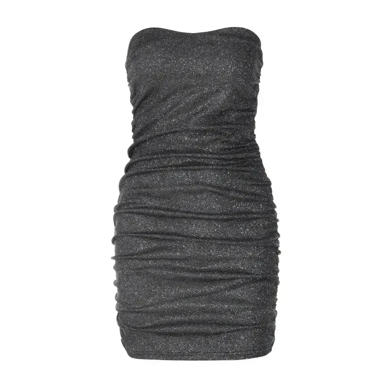 LVSANW Black Glitter Bright Silk Dress Women Strapless Ruched Bodycon Dress Summer Sleeveless Tight Mini Dress Party Club Outfits 362