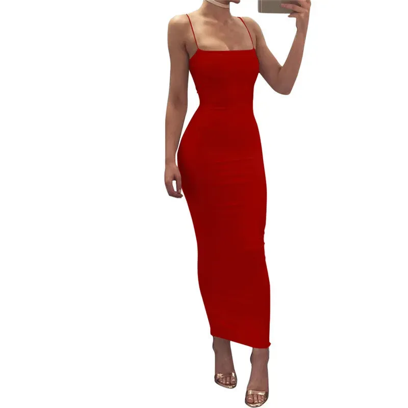 LVSANW DZ-DZ Women Sexy Spaghetti Strap Bodycon Maxi Dress Square Neck Sleeveless Backless Cocktail Wedding Party Solid Long Dresses