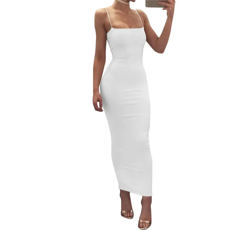 LVSANW DZ-DZ Women Sexy Spaghetti Strap Bodycon Maxi Dress Square Neck Sleeveless Backless Cocktail Wedding Party Solid Long Dresses