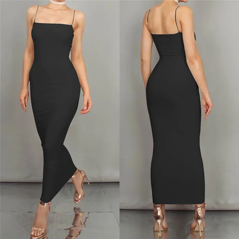 LVSANW DZ-DZ Women Sexy Spaghetti Strap Bodycon Maxi Dress Square Neck Sleeveless Backless Cocktail Wedding Party Solid Long Dresses