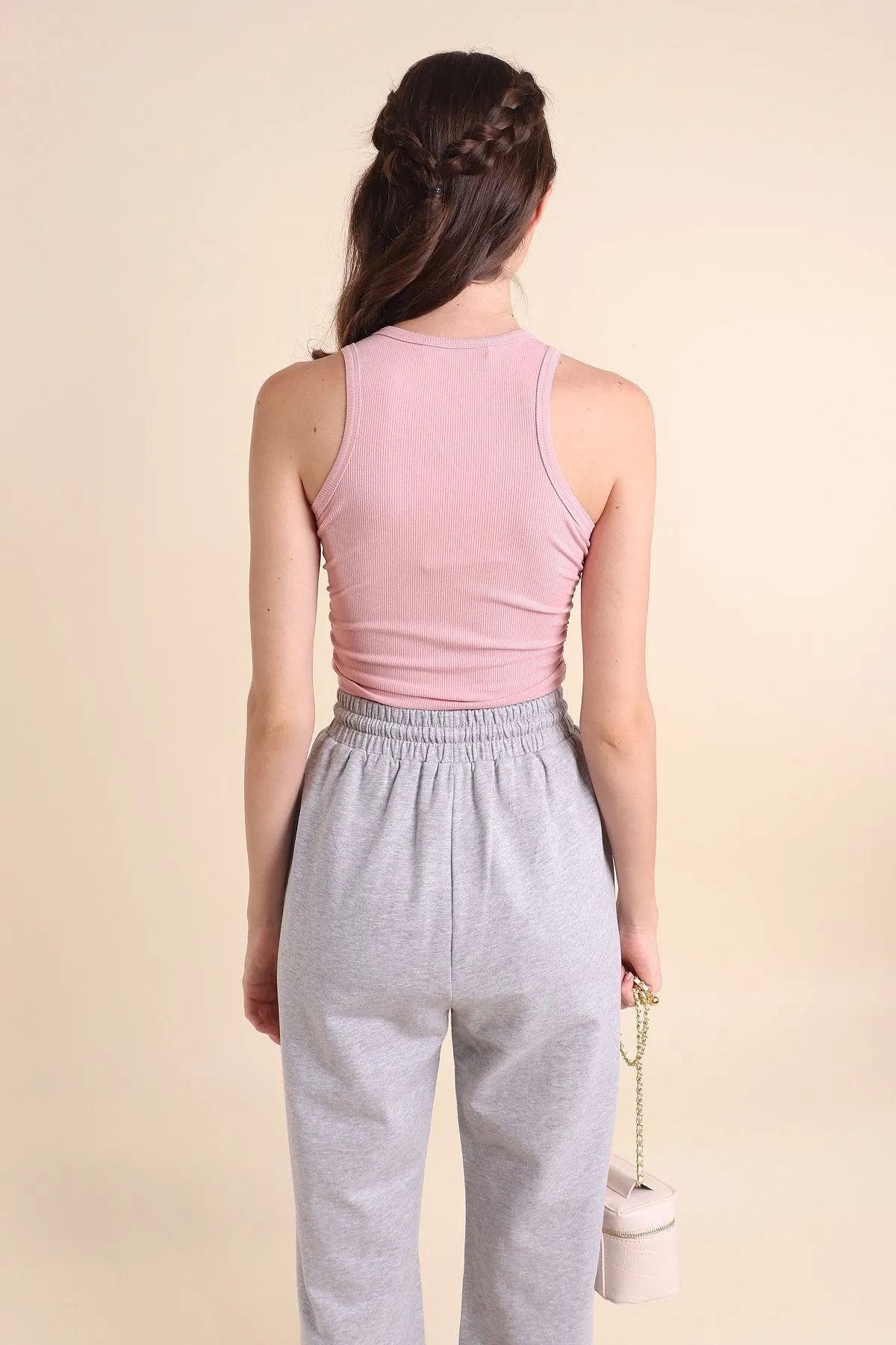 MADEBYNM BASIC ERINA RUCHED RIBBED TOP IN LAKE PINK