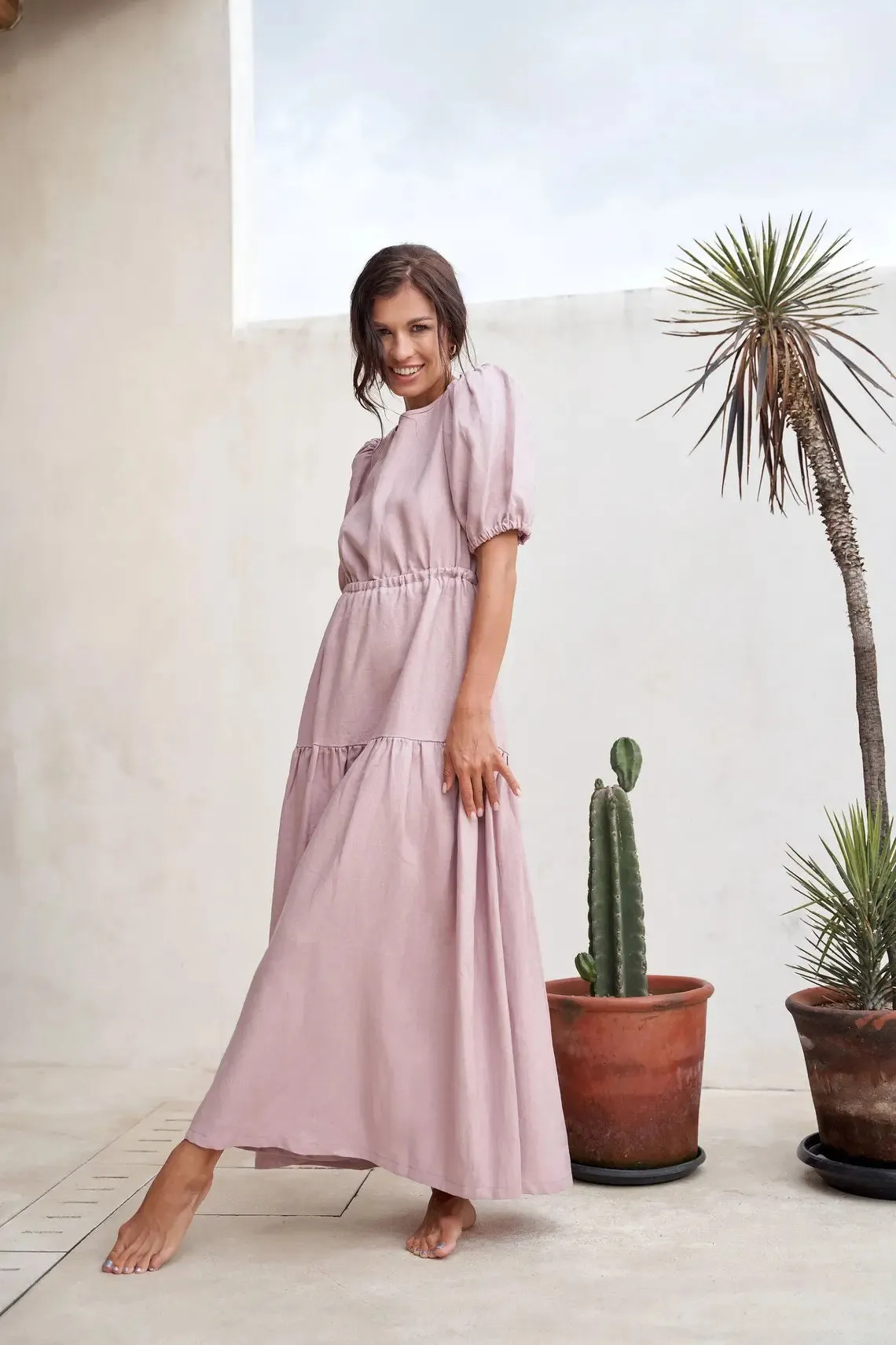 Maxi Tie Waist Boho linen dress by Soelis