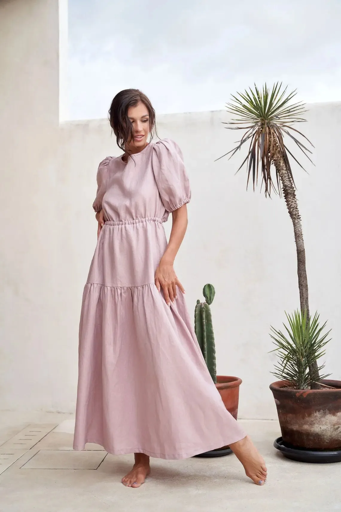 Maxi Tie Waist Boho linen dress by Soelis