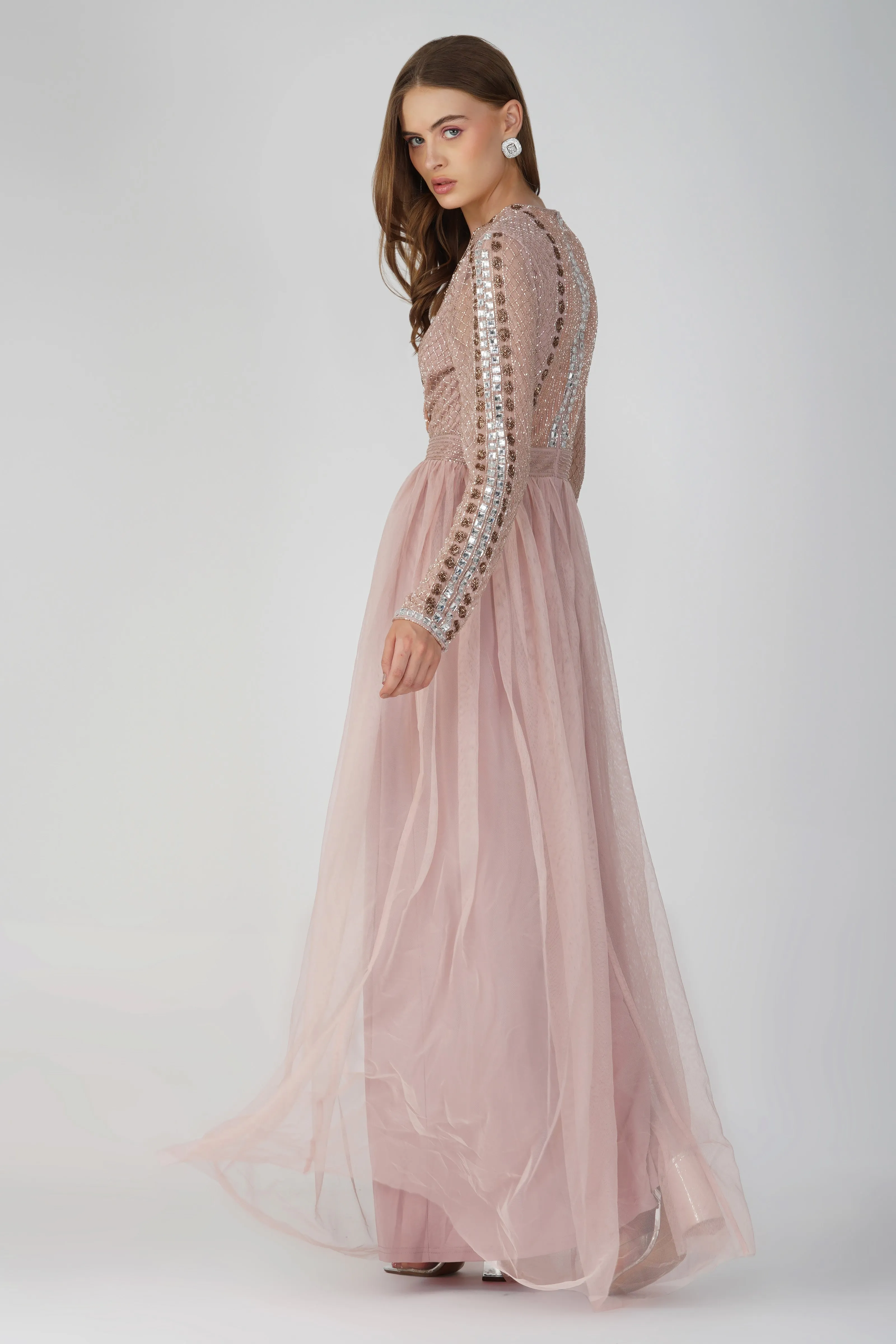 Melinda Long Sleeve Embellished Maxi Dress in Blush Pink