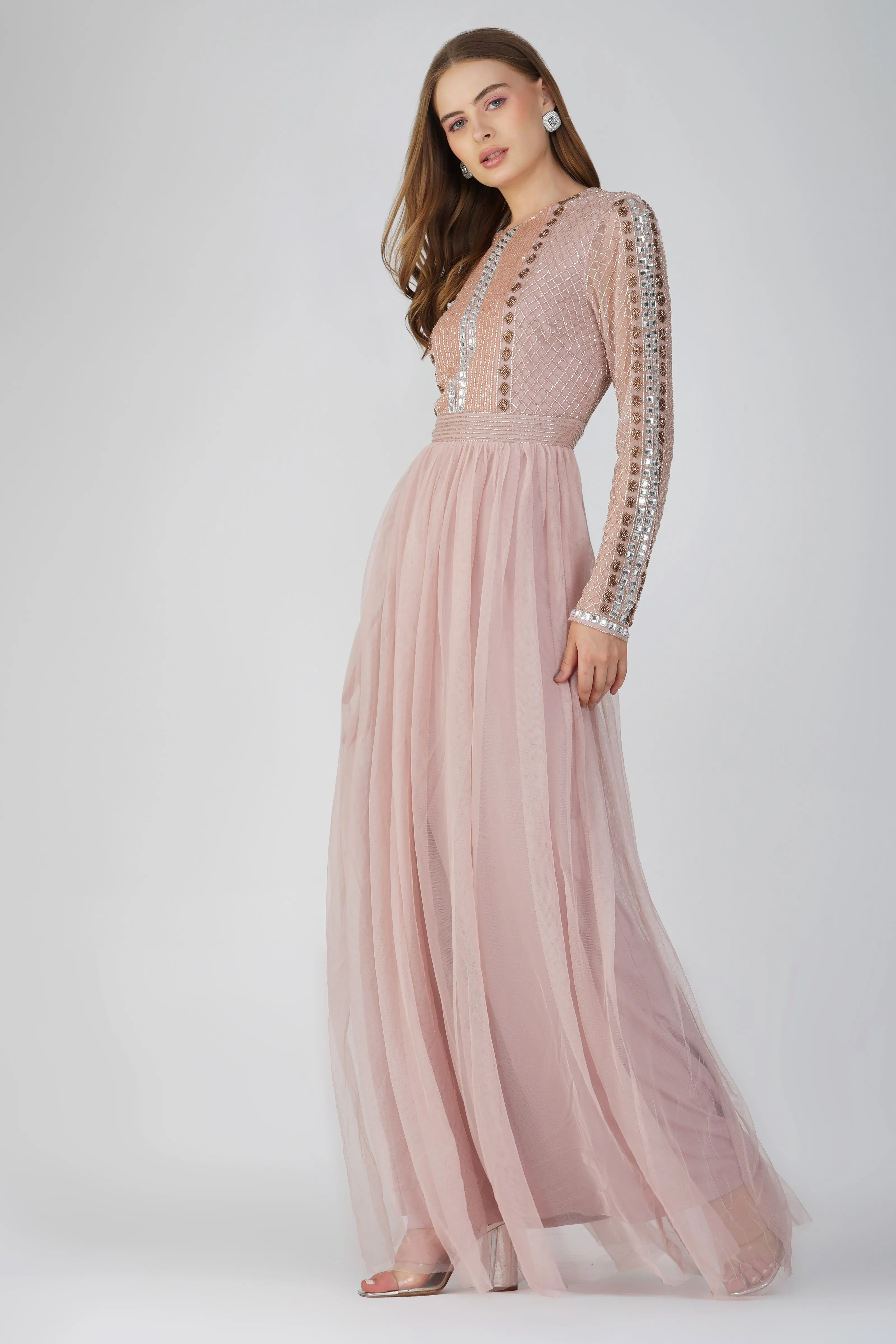 Melinda Long Sleeve Embellished Maxi Dress in Blush Pink