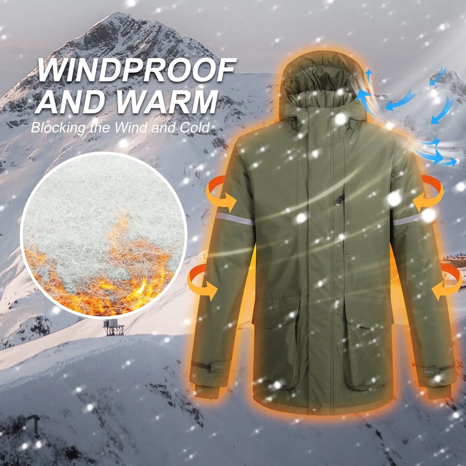 Men's Waterproof Insulated Winter Jacket with Hood, Long Coats Anorak Padded Warm Parka for Ski Snow Sports