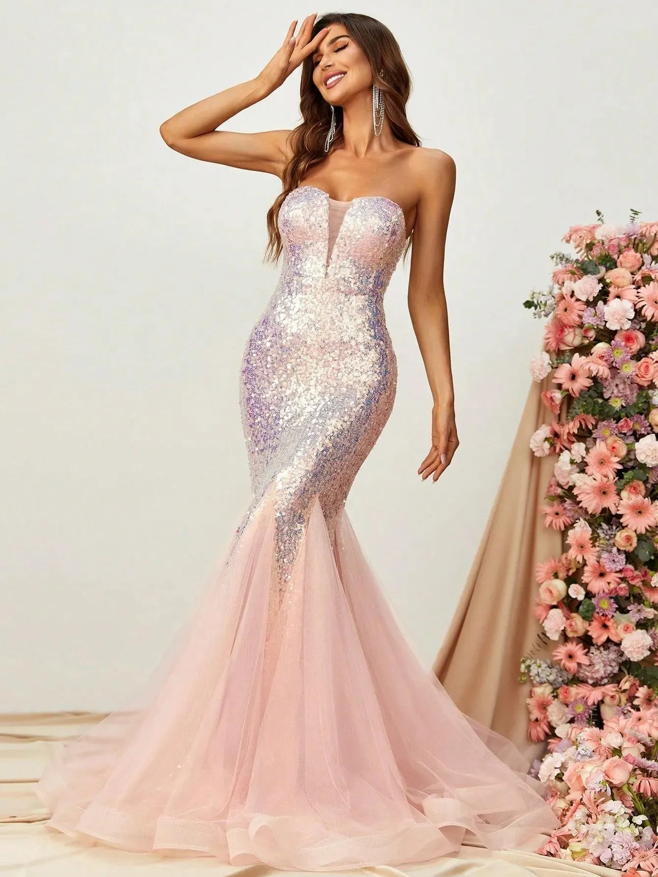 Mesh Insert Mermaid Hem Sequin Tube Formal Dress