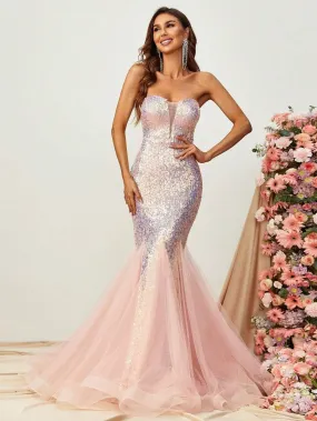 Mesh Insert Mermaid Hem Sequin Tube Formal Dress