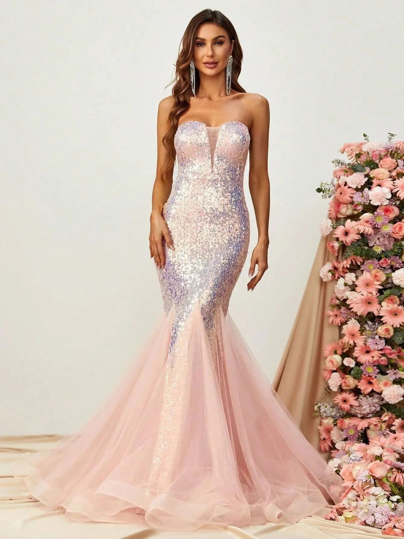 Mesh Insert Mermaid Hem Sequin Tube Formal Dress