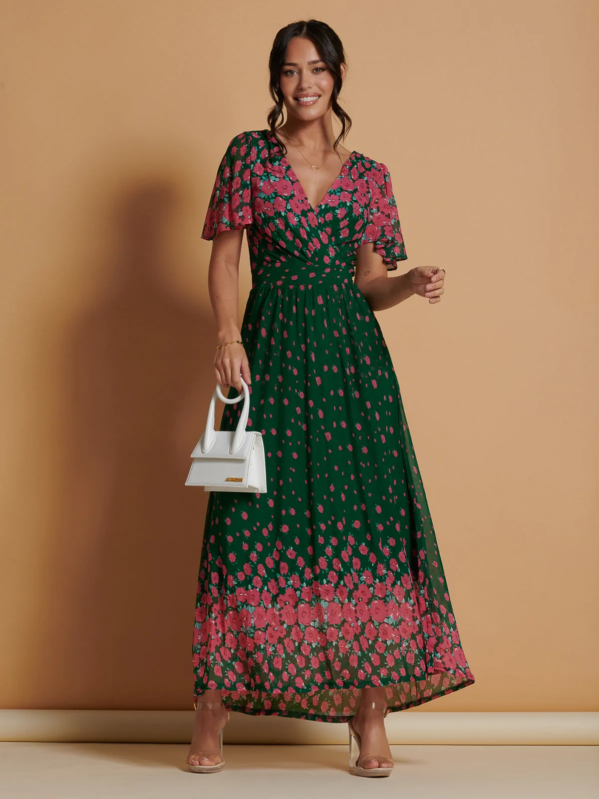 Mirrored Mesh Angel Sleeve Maxi Dress, Green Floral