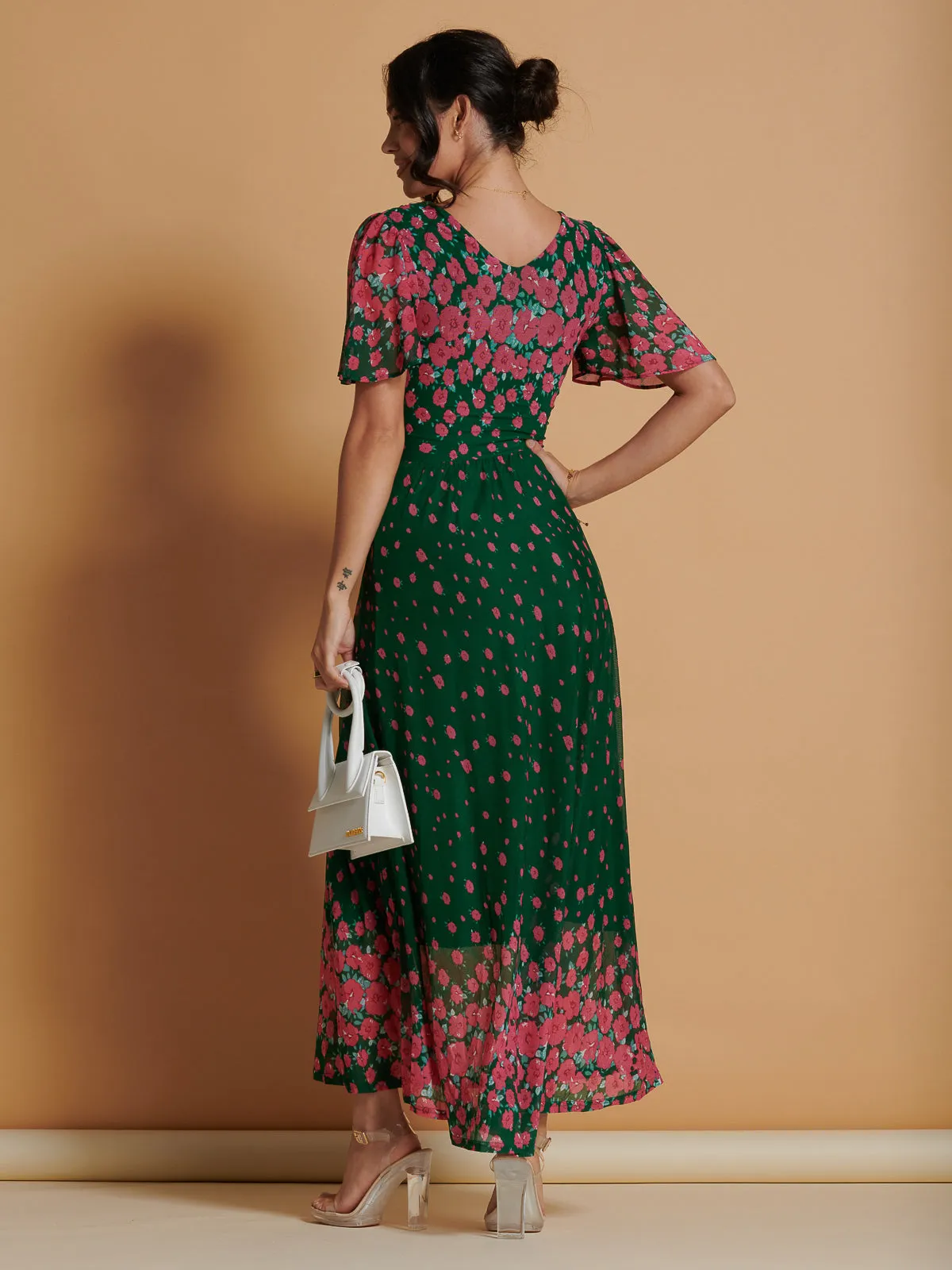 Mirrored Mesh Angel Sleeve Maxi Dress, Green Floral