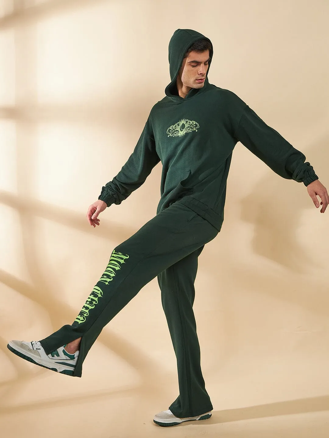 Moss Green Embroidery Panel Oversized Hoodie & Boot Cut Tracksuit