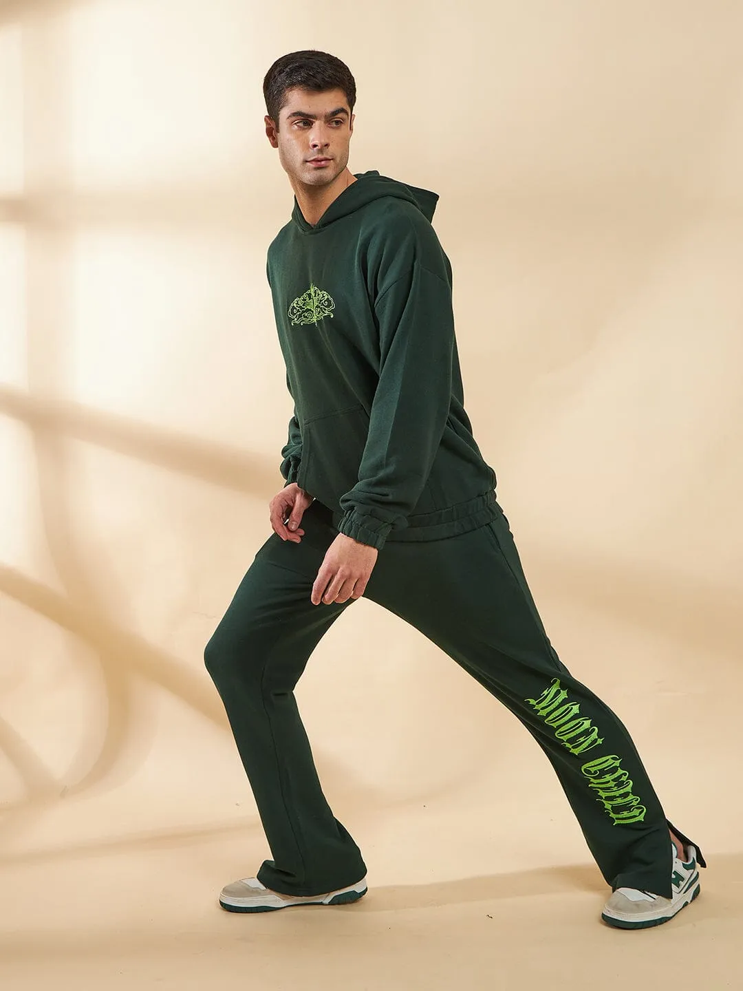 Moss Green Embroidery Panel Oversized Hoodie & Boot Cut Tracksuit