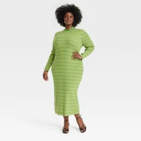 New - Black History Month Women's Long Sleeve House of Aama High Neck Maxi Knit Dress - Green Striped 2X