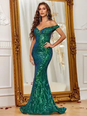 Off Shoulder Back Lace Up Sequin Mermaid Dress