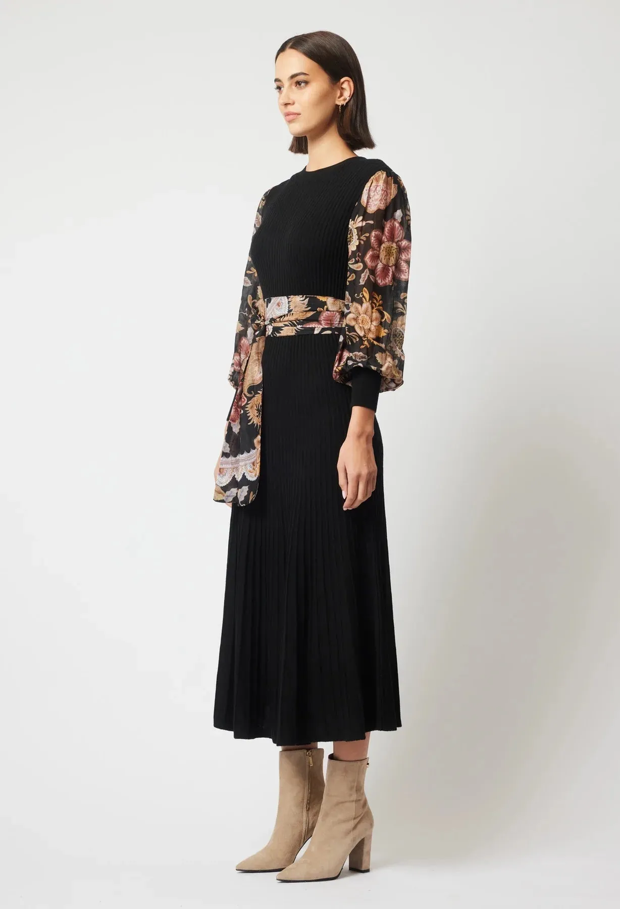 ONCE WAS EMPRESS MERINO WOOL KNIT DRESS IN BLACK/WINTER FLORAL