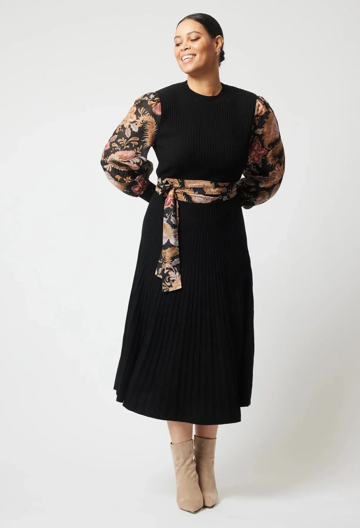 ONCE WAS EMPRESS MERINO WOOL KNIT DRESS IN BLACK/WINTER FLORAL