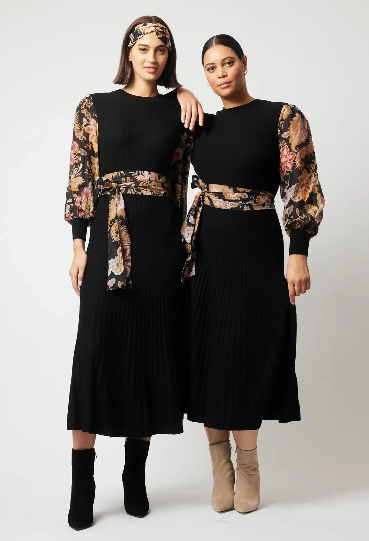 ONCE WAS EMPRESS MERINO WOOL KNIT DRESS IN BLACK/WINTER FLORAL