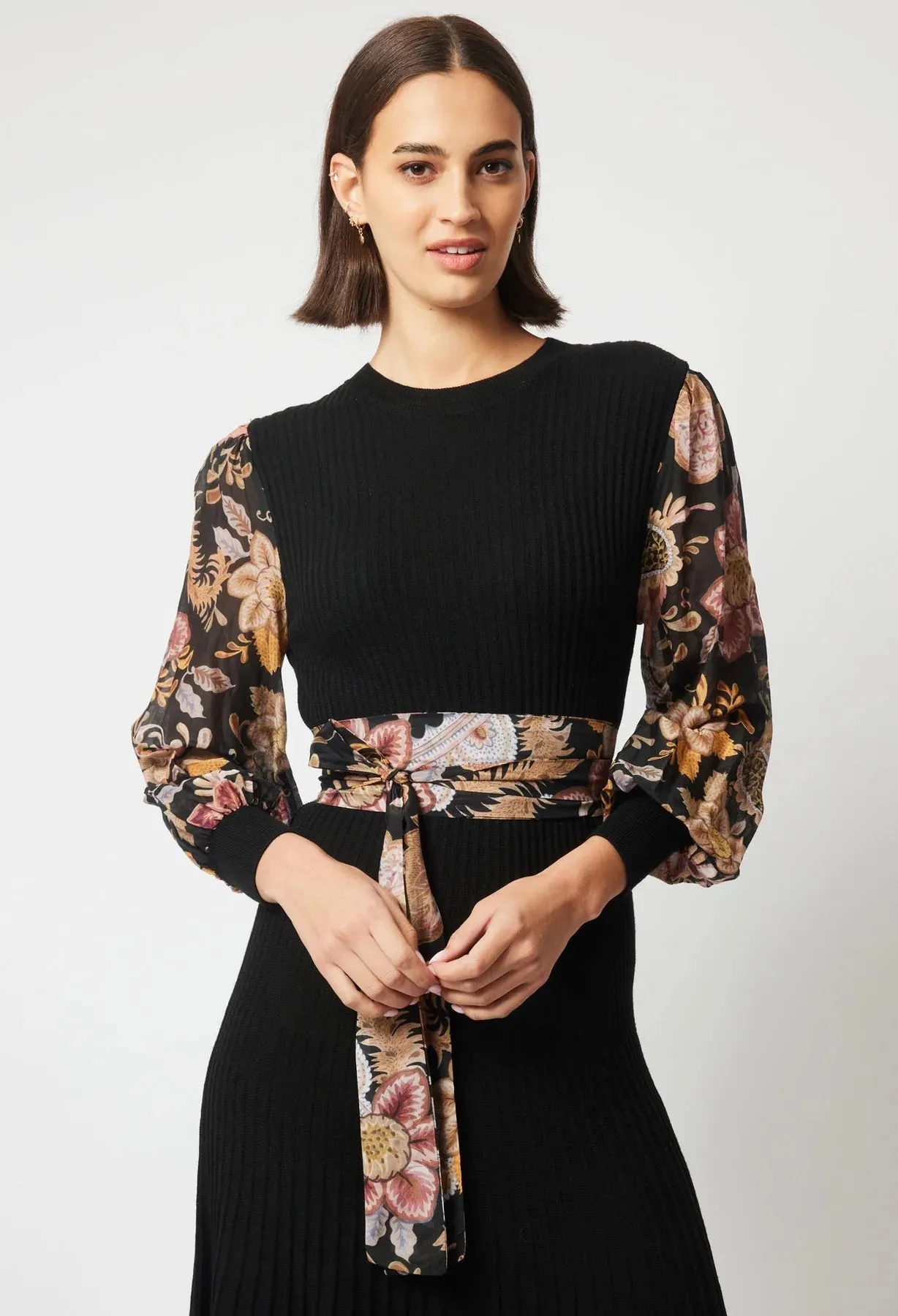 ONCE WAS EMPRESS MERINO WOOL KNIT DRESS IN BLACK/WINTER FLORAL